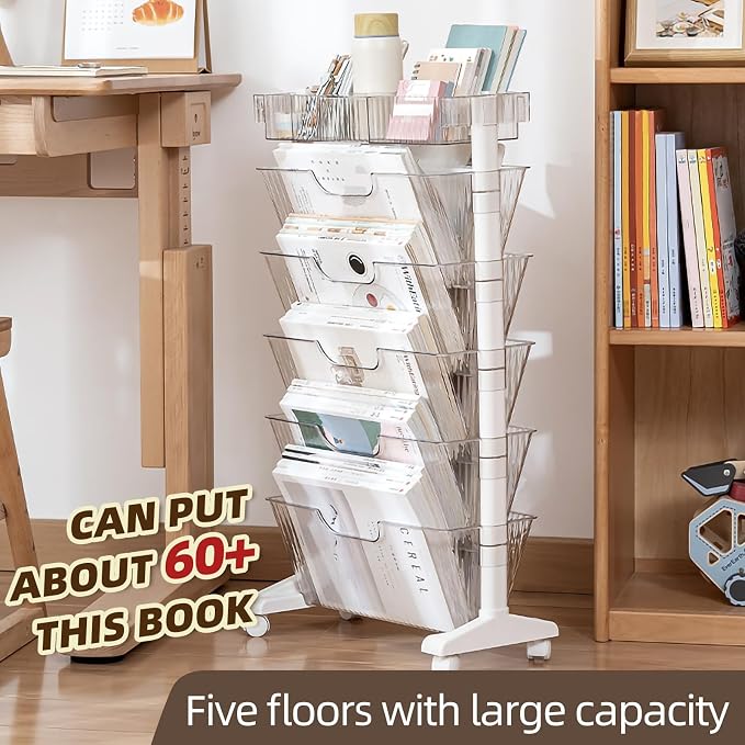5 Tier Rolling Utility Cart Multi-Functional Movable Storage Book Shelves with Lockable Casters for Study Office Kitchen Classroom, White (Transparent White, with Wheel)