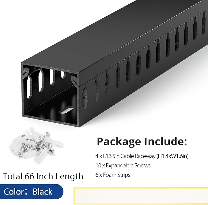 1.4"H x 1.6"W Cable Raceway, 66in Under Desk Wire Management Channel, Black | Slotted Wire Duct, 4Pack, 16.5in Each, Heavy-Duty PVC Cable Management for Server Racks, Network Cables & Electrical Cabinets