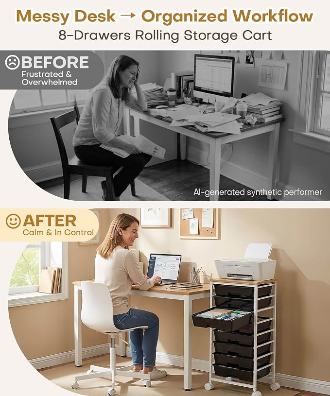 Homde Rolling Storage Drawer Cart: 8-Drawer Sort to Clear Desk & Dresser Clutter - Anti-Fall Smooth Glide Prevents Spill-Out During Daily Grab - Lockable Wheels Keep It Steady
