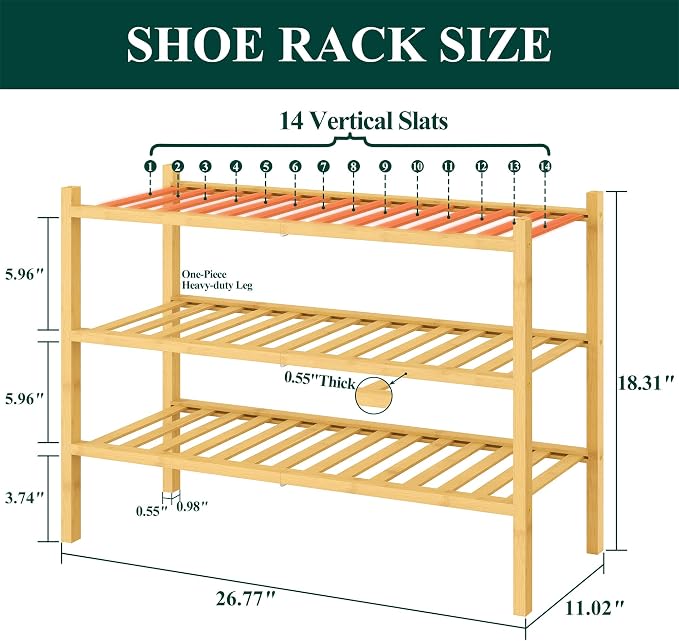 Smiry Bamboo Shoe Rack for Closet, 3 Tier Wooden Shoe Organizer, Stackable Wood Shoe Storage Shelf for Entryway, 14 Vertical Slats, One-piece Heavy-Duty Legs, 26.77"x11.02"x18.31", Natural