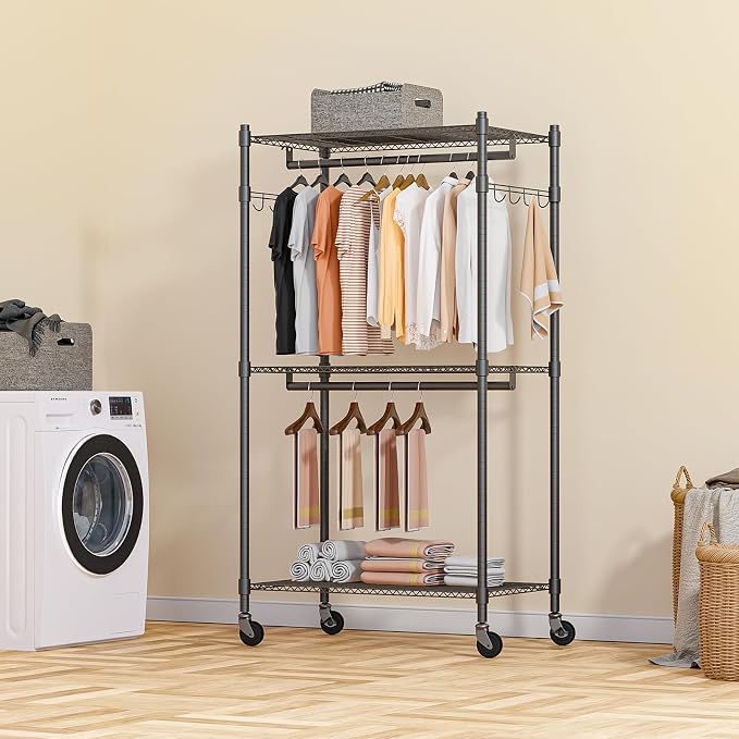 Homdox Narrow Rolling Garment Rack with Double Rods and 3 Adjustable Shelves, Compact Portable Closet Organizer for Bedroom, Dorm, Laundry Room, 23.62" W x 16.54" D x 80.71" H, Gray