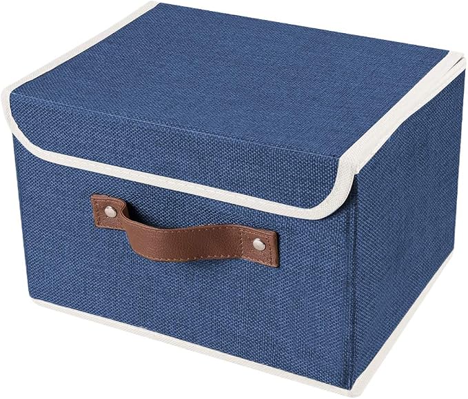 2Pack Storage Bins Boxes with Lids 15"x10"x10" Decorative Storage Baskets | Cotton Linen Fabric, Collapsible, Faux Leather Handles, Storage Cubes, Closet Shelf Clothes Organizer Container, Blue