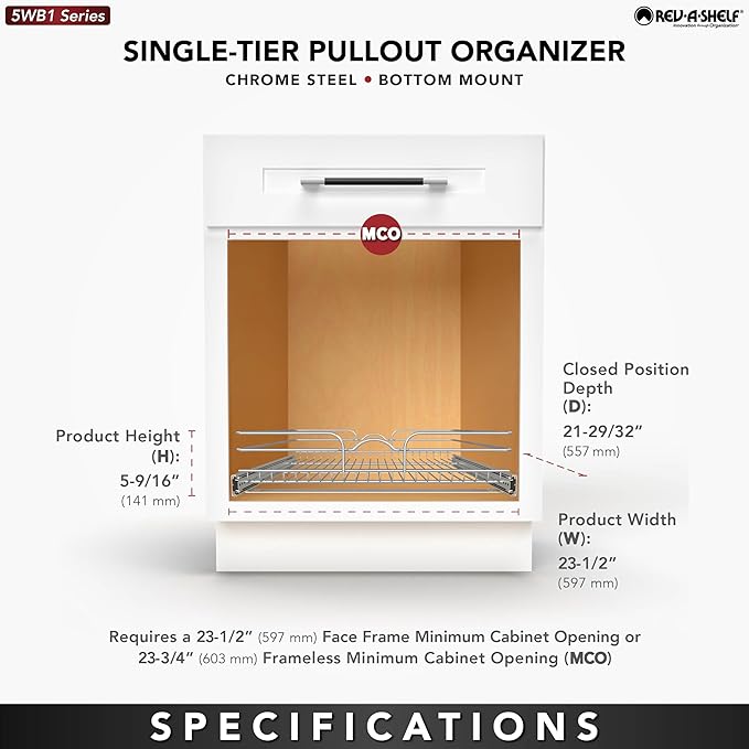 Rev-A-Shelf Steel Wire Pullout Drawer Organizer Shelf for Kitchen Cabinets, Slide Out Storage Basket, Min Opening Width of 23.5", 24" x 22", 5WB1-2422CR-1