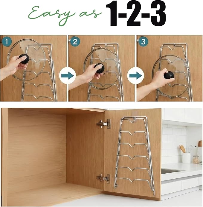 Evelots 6-Tier Pot Lid Organizer for Cabinet Door or Pantry Wall, 6-Slot Pots and Pans Lid Holder Rack, Kitchen Cabinet Storage Organizer for Glass & Metal Pan Covers, Chrome Finish, 1 Pack