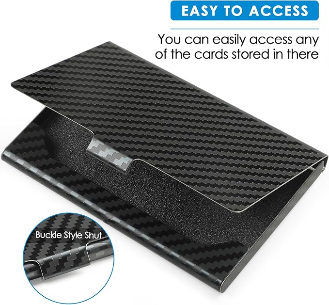 MaxGear Stainless Steel Business Card Holder, Slim Card Case, Black Carbon | Soft Interior Lining, Buckle Closure, Fits Standard Business Cards and Credit Cards