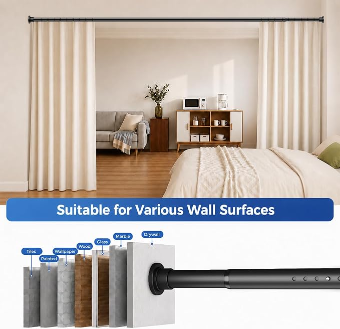 ALLZONE Tension Curtain Rod for Windows, 123 to 160 Inch, Heavy Duty Extra Long Curtain Rods, Non-Slip Bathroom Shower Tension Rod, Renter Friendly, Adjustable, Spring Loaded, Black