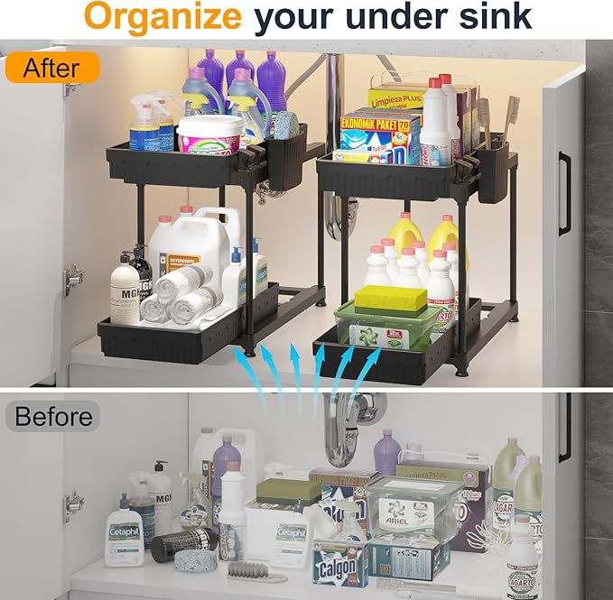 Sevenblue 2 Pack Double Sliding Under Sink Organizers and Storage, 2 Tier Under Bathroom Cabinet Shelf Organizer with Hooks Hanging Cup, Home Organization, Black