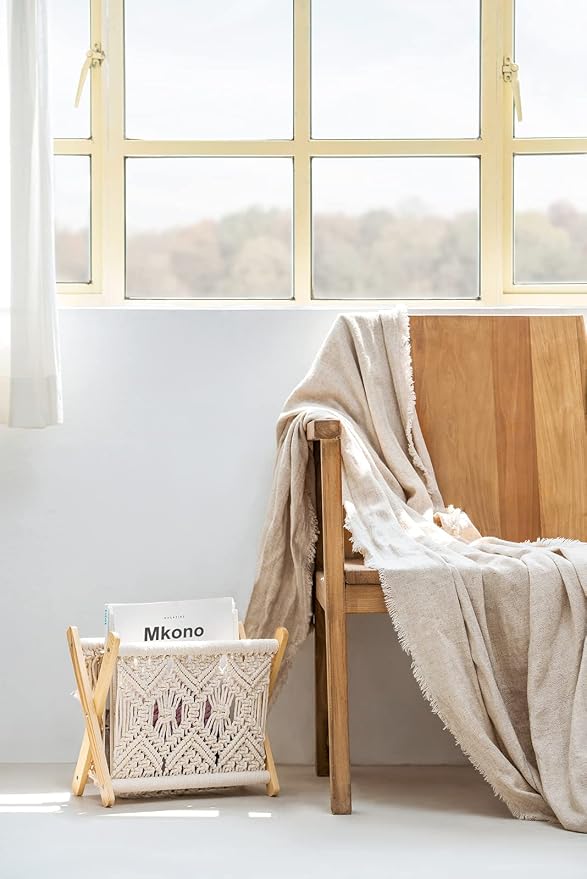 Mkono Macrame Magazine Holder, Boho Woven Book Rack Basket, 14" L x 10" W | Boho Decor, Mail Paper Vinyl Storage, Living Room Bedroom Bathroom Nursery Dorm Office, Handwoven,Space-Saving, Ivory