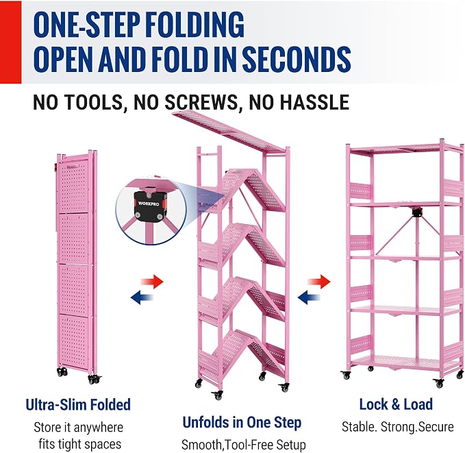 WORKPRO 5-Tier Folding Shelf, No-Assembly Metal Storage Rack with Wheels, 750 lbs Capacity (with Leveling Feet), Collapsible Shelving Unit for Kitchen, Pantry, Closet & Craft Shows - Pink