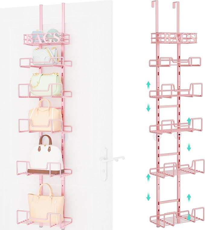 HapiRm Over Door Purse Organizer - Adjustable Purse Storage Rack with Bags Design Metal Basket, Wall Mounted Handbag Organizer, Hanging Handbag Holder, Can Use As 1/2 Part Detachable
