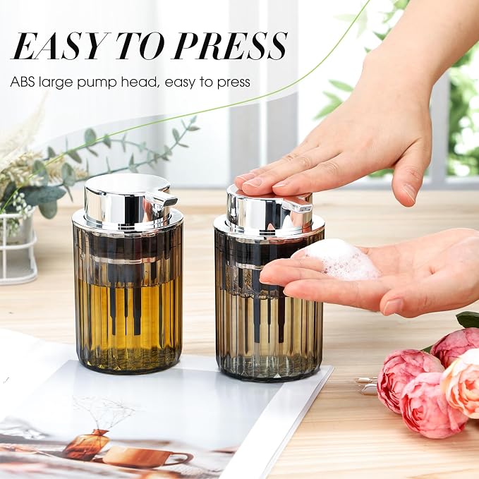 Potchen 2 Pcs Refillable Foaming Hand Soap Dispenser 10 oz Plastic Dispenser Pump Lotion Foaming with Silver Pump for Bathroom Vanities Kitchen(Gray)