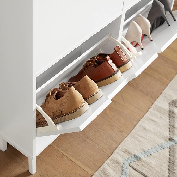 Haotian Ultra Thin Shoe Cabinet with 4 Flip-Drawers | Narrow Enclosed Shoe Rack, Slim Shoe Storage Organzier Entryway, White, FSR100-W