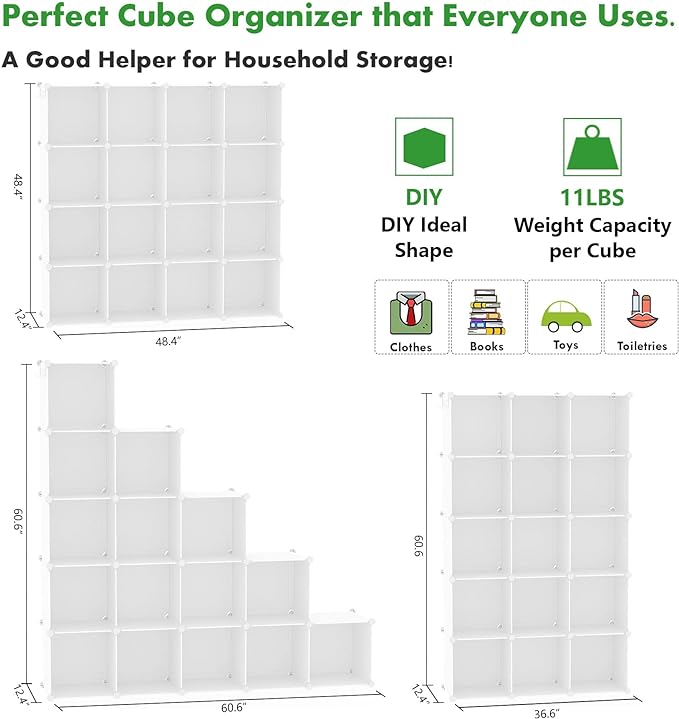 C&AHOME Cube Storage Organizer, 16-Cube Shelves Units, Plastic Storage Cubes, DIY Closet Organizer, Modular Closet Storage Shelves Ideal for Home, Bedroom, 48.4" L × 12.4" W × 48.4" H Milky UPCS16M