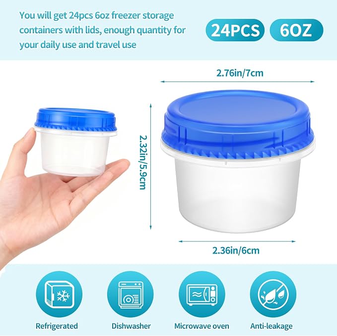 24 Pack Freezer Containers with Screw On Lids, 6 Oz Stackable Reusable Plastic Storage Container, Airtight Plastic Food Storage Containers with Twist Top Lids for Food Soup Jello Sauce