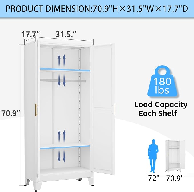 erosoei 71 "Metal Armoire Wardrobe Closet, Steel Clothing Storage Cabinet with Adjustable Shelves and Hanging Rod, Household Steel Wardrobe Storage Cabinet with Adjustable Standing feet (White)