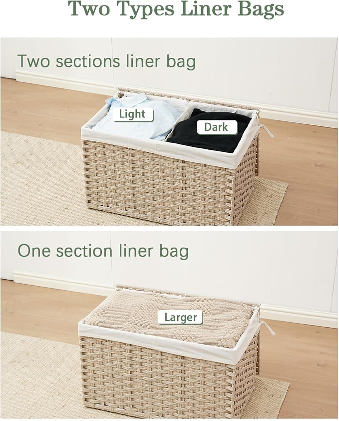 SETVSON Storage Basket with Lid Rattan Woven Storage Baskets with 2 Separate Lids, 17.2 Gallon (65 L) Wicker Storage Bins Foldable 2 Removable Liner Bags Handles for Bedroom, Laundry Room Light Khaki