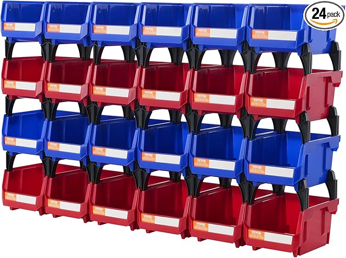 VEVOR Plastic Storage Bins 24 Pack (5 x 4 x 3-Inch), Hanging Stackable Storage Organizer Bins, Heavy Duty Stacking Containers for Closet, Garage, Office, or Small Parts Organization
