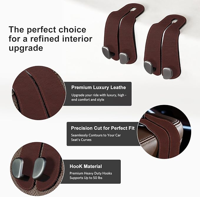 CoBak Purse Hook for Car - Universal Premium Stitched Leather and Aluminum-Magnesium Alloy Double Car Seat Back Storage Hook for Purses, Handbags, Bags (2 Pack),Wine Red