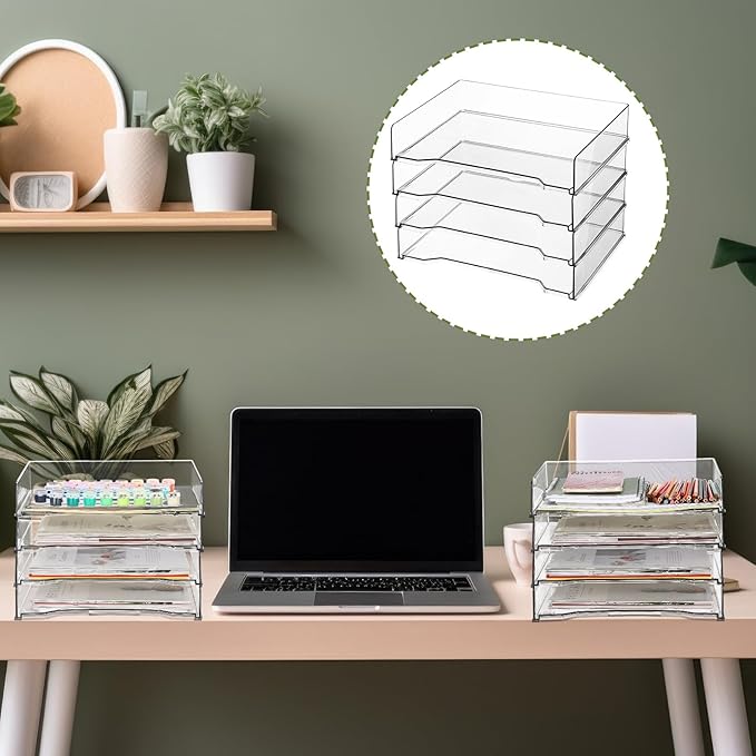 DoubleFill 4 Pcs Stackable Letter Tray Rectangular Plastic Desk Organizer 13 x 9.5 x 2.6 in Paper Holder File Tray Accessories Rack for Desktop Office Desk Drawers (Clear)