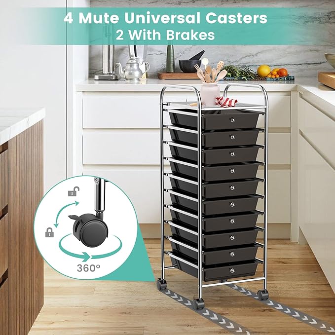 COSTWAY 10-Drawer Rolling Storage Cart, Utility Mobile Trolley | Removable Drawers & Universal Casters & 2 Brakes, Versatile Flexible Drawer Organizer Cart for Home, Office (Black)