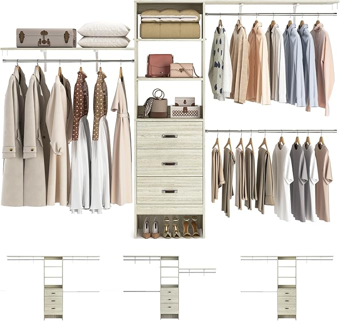 Armocity 120 Inches Closet System, 10FT Walk In Closet Organizer with 2 Shelving Towers, Heavy Duty Clothes Rack with 3 Drawers, Built-In Garment Rack, 120" L x 16" W x 75" H, Load 1300 LBS, White Oak