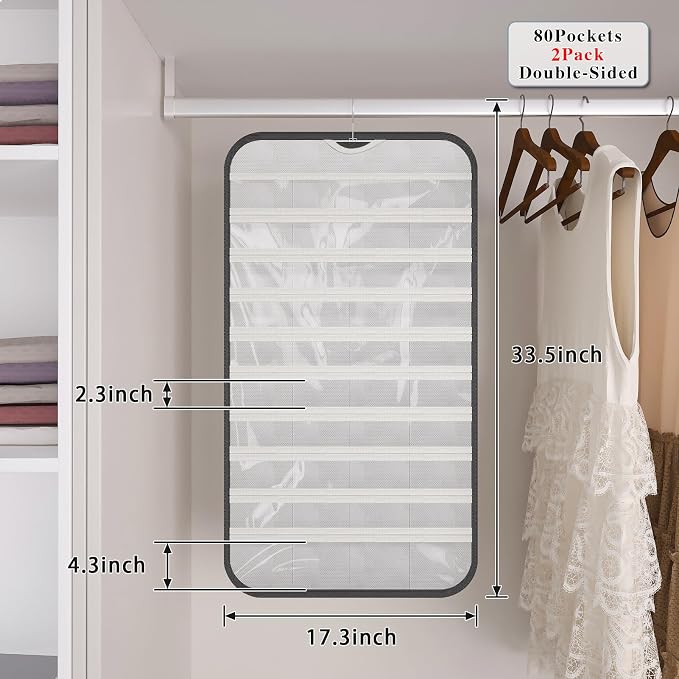 Hanging Jewelry Organizer, 80-Pocket Double-Sided, 2-Pack, Black and White | Foldable clear PVC 80-pocket storage; swivel hook fits walls, doors & rods to organize earrings, necklaces, bracelets & rings