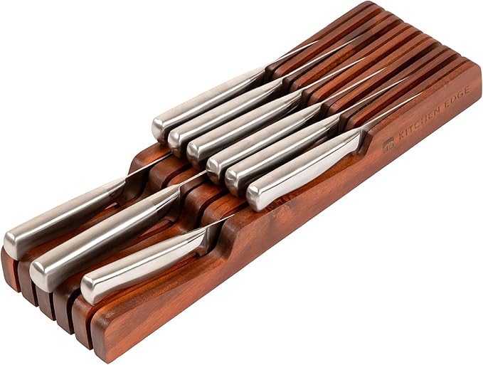 KitchenEdge In-Drawer Knife Block Holder, 11 Slots, Acacia | Fits most knife sizes, rubber feet, food-safe finish