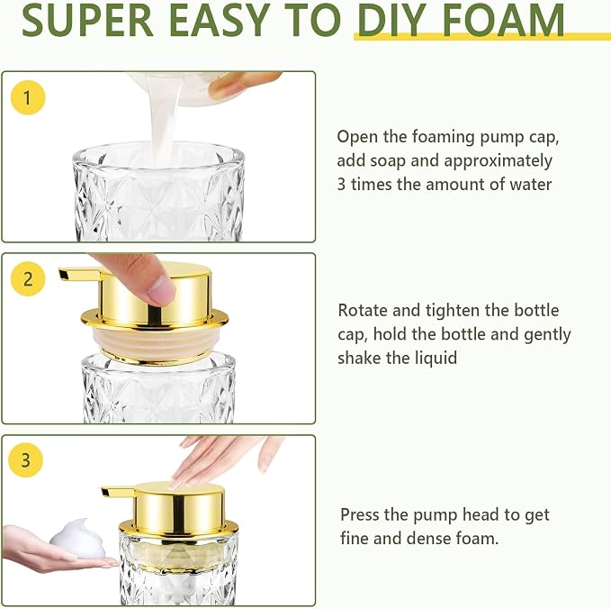 Glass Foaming Soap Dispenser 2 Pack Refillable Foaming Hand Soap Dispenser with Gold Large Pump Wide Opening for Bathroom Kitchen Countertop Modern Home Decor with Elegant Pattern, Transparent