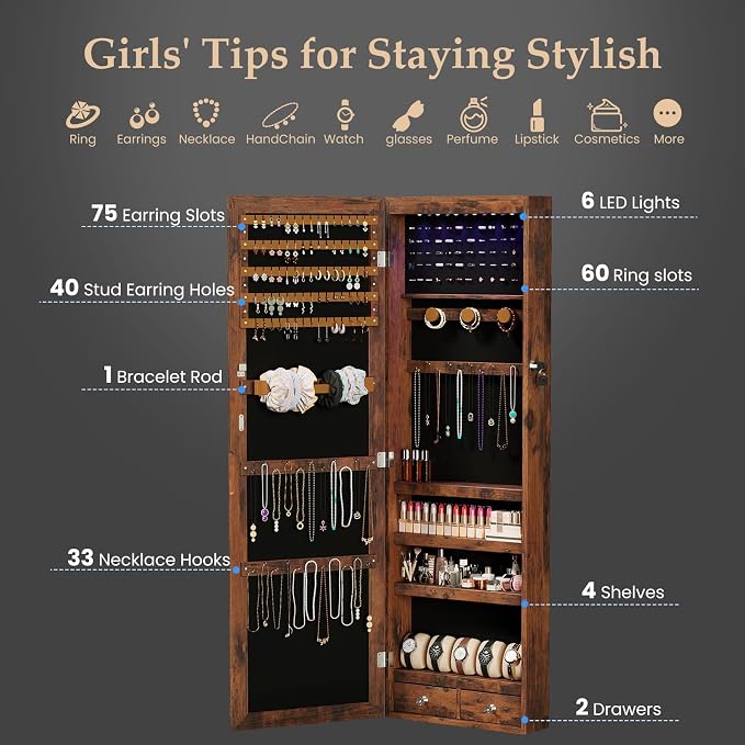 DUMOS Jewelry Armoire Cabinet with Full Length Mirror, 47.2" Wall Mounted or Over the Door Jewelry Organizer with 33 Necklace Hooks, Lockable Large Capacity with Drawers, Rustic Brown