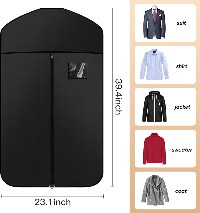 Premium Oxford Fabric Garment Bag Hanging Clothes Travel Suit Bag with Clear Window for Suits, Coats, T-Shirts, Jackets. (Black, 40-inch-4 packs)