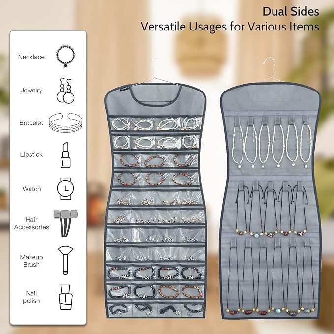 Dual sided Jewelry Hanging Organizer Closet Necklace Holder for Earrings Bracelets Rings with 42 Clear Pockets and 17 Hook Loops (Grey