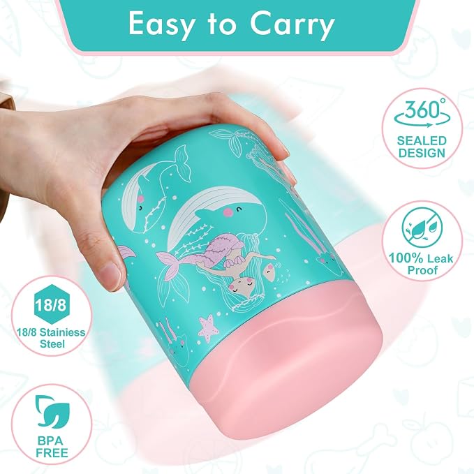 wiwens 12oz Soup Thermo for Hot Food Kids Insulated Food Jar Wide Mouth Lunch Container Leak Proof Stainless Steel Vacuum Bento Box for School Office Travel Outdoors Green-Mermaid