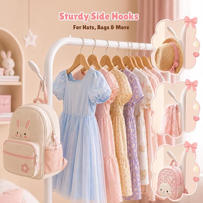 Kids Clothing Rack with 2 Fabric Storage Shelves & Hooks, Portable Kids Clothes Rack for Coats Skirts, Small Toddler Hanging Clothes Organizer, Kids Closet Storage Unit, Off White