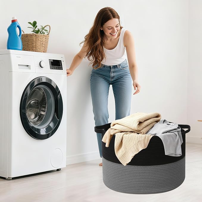 90L Extra Large Blanket Basket,Woven Laundry Basket Hamper with Handles, Decorative Nursery Basket Storage Bin for Toys, Clothes Organizer, Living Room, Bedroom, Bathroom, Black&Dark Grey