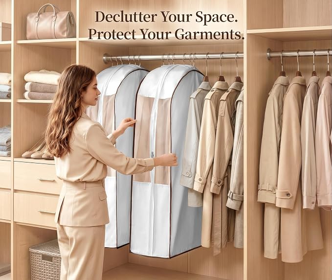 41" Cotton Garment Bags for Hanging Clothes, 2 Pack Breathable Suit Bags for Closet Storage, 10" Wide Gusseted & Clear Window, for Suits, Short Dresses, Sweaters, with Cedar Blocks