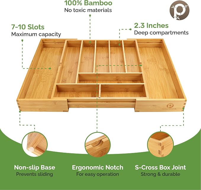 Pristine Bamboo Silverware Organizer - Expandable Kitchen Drawer Organizer - Adjustable Kitchen Drawer Organizer for Utensils, Expandable to 22 Inches Wide, 10 Compartments, Silverware Tray for Drawer | Expandable Kitchen Drawer Organizer for Utensils,...