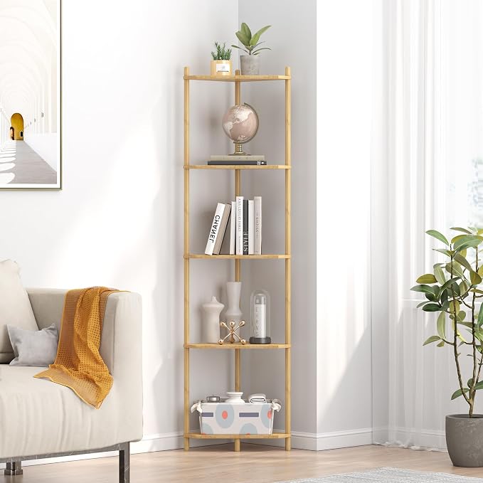 Wisuce Natural Tall Corner Shelf Stand, 5-Tier Bamboo Corner Bookshelf | Space-Saving Narrow Corner Shelf | Bathroom Corner Shelf | Shelves for Bedroom, Living Room, Kitchen & Plant Display