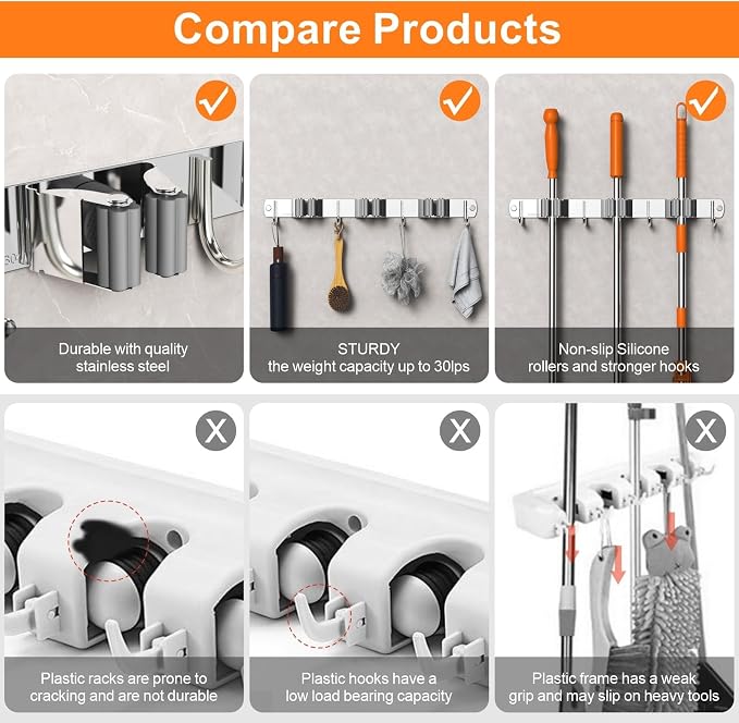 CUXIXA Mop and Broom Holder Wall Mount, Upgraded Broom Organizer Wall Mount, Stainless Steel Broom Hanger Wall Mount for Kitchen Garden Laundry Room Decor(4 Racks with 5 Hooks Black)