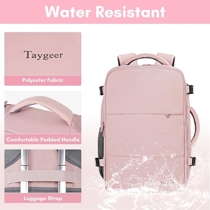 Taygeer Travel Backpack for Women, TSA Carry On Backpack Flight Approved | 15.6inch Laptop Mochila with Water Bottle Pocket & Shoe Pouch, Nurse Bag Casual Daypack for Weekender Business Hiking, Pink