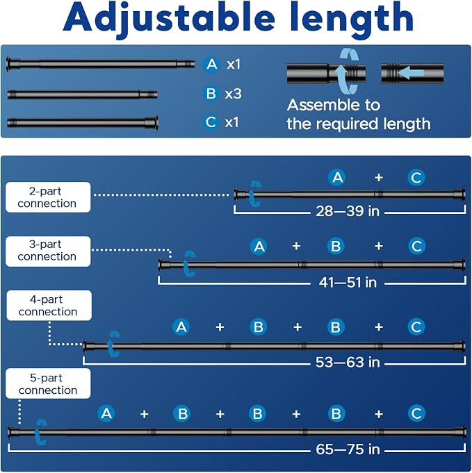 Tension Rods 28 to 72 Inch, 1" Heavy Duty Adjustable Spring Tension Curtain Rod - Non-Slip No Drill Shower Curtain Rod for Bathroom, Window, Closet & Doorway, Black