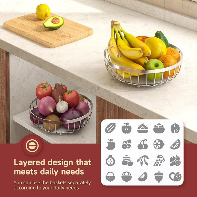 Sevenblue 2 Tier Fruit Basket for Kitchen Counter with 2 Banana Hangers, Metal Stackable Fruit Bowl for Kitchen Counter for Bread Vegetable Fruits, Silvery