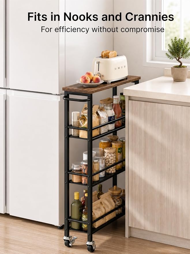 Pipishell Slim Storage Cart with Wheels - 4 Tier Rolling Kitchen Storage Cart with Handle and Wood Top, Metal Slim Bathroom Cart for Laundry Room, Bathroom, Kitchen, Narrow Space, Black & Rustic Brown
