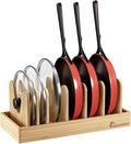Housolution Bamboo Pot and Pan Organizer for Cabinet, Pot Lid Organizer with 7 Adjustable Dividers, Pan Holder Storage Rack with Solid Bamboo Wooden Base