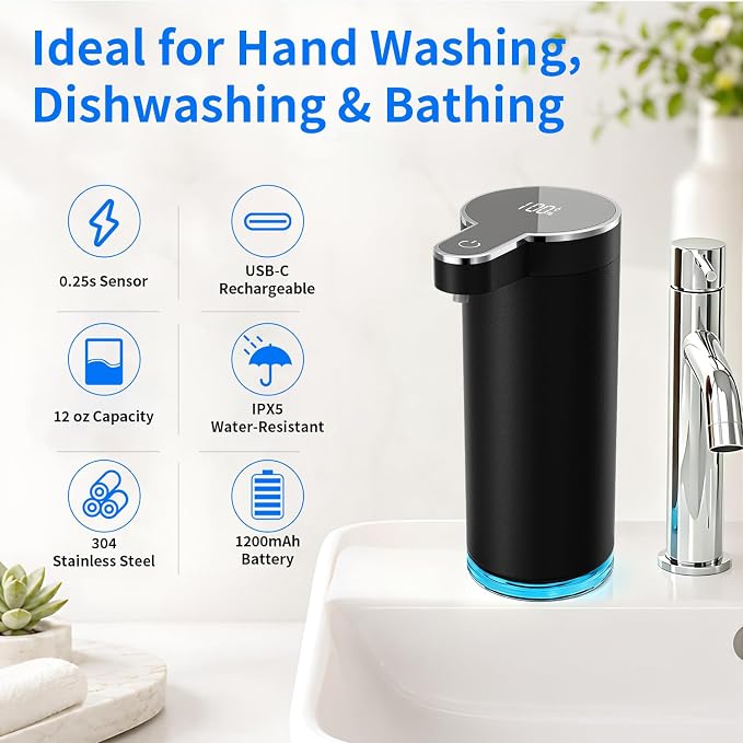 Automatic Liquid Soap Dispenser, 304 Stainless Steel Bottle Body &12 oz/350ml Rechargeable, 4 Adjustable Liquid Levels, IPX5 Waterproof for Bathroom,Kitchen,Hotel(Stainless Steel for Liquid Soap)