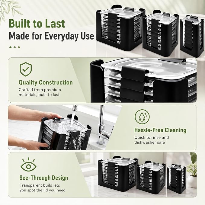 Food Container Lid Organizer for Rubbermaid Brilliance – 3-Piece Set, Holds Up to 24 Lids (Fits 4.7, 3.2, 1.3 & 0.5 Cup Containers), Snap-On Lid Storage for Kitchen Cabinet, Black