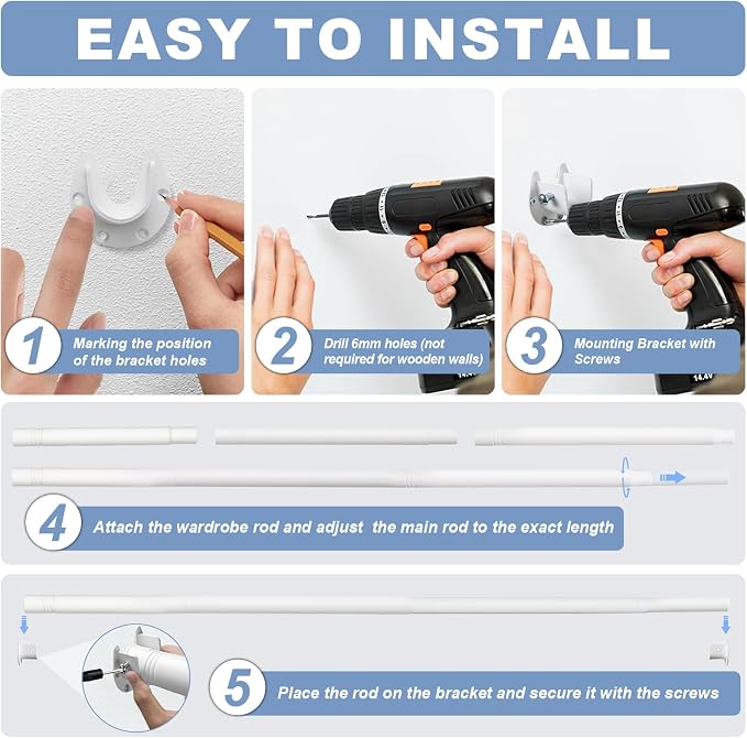 Closet Rods For Hanging Clothes,17-69 Inches Stepless Spring Adjustable Closet Rod With bracket U-shaped,1.3 Inches Heavy Duty White Closet Hanging Rod For Wardrobe,Laundry room,Bathroom And Windows