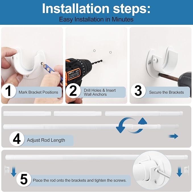 Adjustable Closet Rod for Hanging Clothes, 17-28inch Heavy Duty Metal tension clothes rod，1.3Inches Closet Pole with Hardware Kit for Closet Organization Laundry Room RV, White
