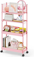 KINGRACK Slim Rolling Storage Cart 4 Tier - Heavy Duty Metal Utility Cart with Raised Edge & Wheels, Narrow Mobile Organizer Shelves for Bathroom, Kitchen, Laundry, Office, Living Room, Pink