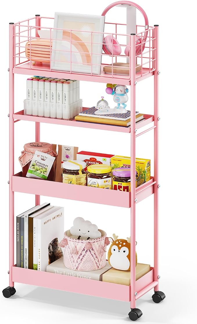 KINGRACK Slim Rolling Storage Cart 4 Tier - Heavy Duty Metal Utility Cart with Raised Edge & Wheels, Narrow Mobile Organizer Shelves for Bathroom, Kitchen, Laundry, Office, Living Room, Pink
