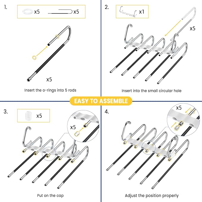 DAMITA Pants Hangers Space Saving - 4 Pack 5 in 1 Layers Stainless Steel Metal Jeans Hangers - White Closet Organizers and Storage Anti-Slip Design for Pants Skirts Scarf Legging